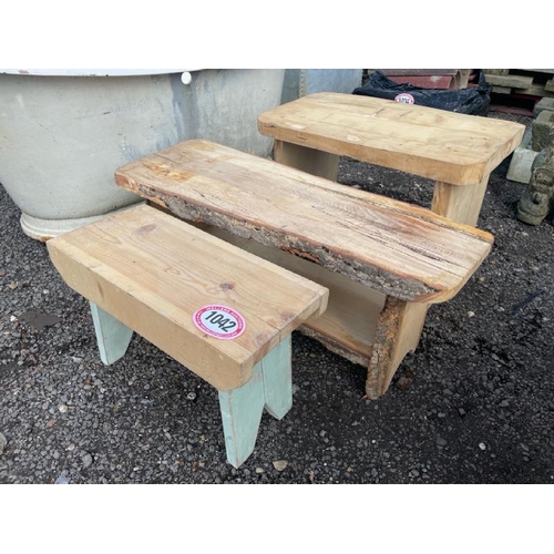 1042 - THREE WOODEN STOOLS, LONGEST 43CM (H) X 104CM (L) / ALL LOTS ARE LOCATED IN SL0 9LG, REGRETFULLY WE ... 