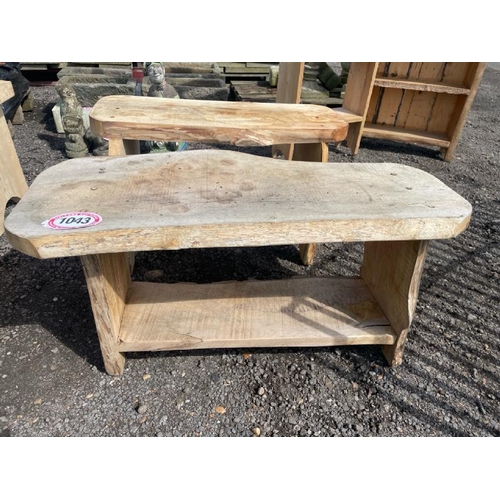 1043 - TWO WOODEN STOOLS, LONGEST 51CM (H) X 104CM (L) / ALL LOTS ARE LOCATED IN SL0 9LG, REGRETFULLY WE DO... 