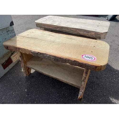 1045 - TWO WOODEN STOOLS, LONGEST 50CM (H) X 97CM (L) / ALL LOTS ARE LOCATED IN SL0 9LG, REGRETFULLY WE DO ... 