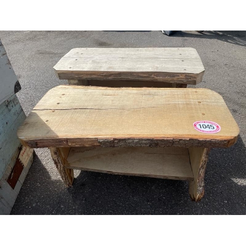 1045 - TWO WOODEN STOOLS, LONGEST 50CM (H) X 97CM (L) / ALL LOTS ARE LOCATED IN SL0 9LG, REGRETFULLY WE DO ... 
