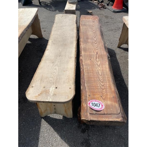 1047 - TWO LARGE WOODEN STOOLS, LONGEST 50CM (H) X 216CM (L) / ALL LOTS ARE LOCATED IN SL0 9LG, REGRETFULLY... 