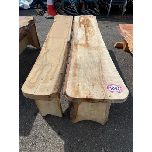 1049 - TWO LARGE WOODEN STOOLS, LONGEST 50CM (H) X 194CM (L) / ALL LOTS ARE LOCATED IN SL0 9LG, REGRETFULLY... 