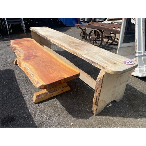 1050 - TWO LARGE WOODEN STOOLS, LONGEST 53CM (H) X 216CM (L) / ALL LOTS ARE LOCATED IN SL0 9LG, REGRETFULLY... 