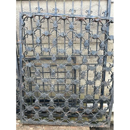 1109 - A PAIR OF HEAVY ORNATE WROUGHT IRON ENTRY GATES WITH POINTED DETAILING, 138CM (W) X 173CM (H) / ALL ... 