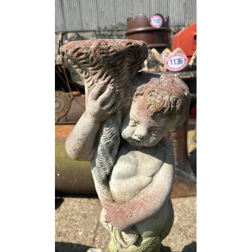 1144 - A RECONSTITUTED STONE CHERUB BIRD BATH BASE, 74CM (H) / ALL LOTS ARE LOCATED IN SL0 9LG, REGRETFULLY... 