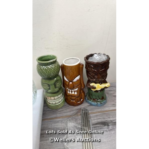 3453 - TIKI GLASS MUG, 16 OZ CLEAR TIKI BAR GLASSES / INCOMPLETE  / H68