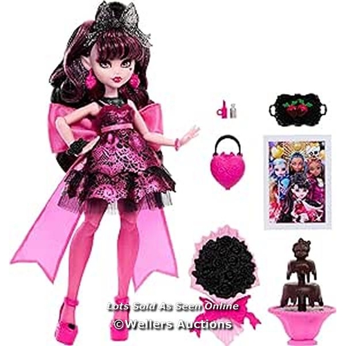 3063 - MONSTER HIGH DRACULAURA DOLL IN MONSTER BALL PARTY DRESS WITH THEMED ACCESSORIES LIKE CHOCOLATE FOUN... 