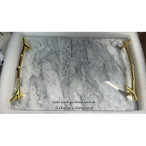 3281 - RECTANGULAR NATURAL MARBLE STONE SERVING TRAY WITH METAL HANDLE / G3