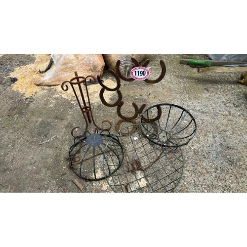 1190 - THREE HANGING BASKETS, A PLANT STAND AND A HORSE SHOE FEATURE / ALL LOTS ARE LOCATED IN SL0 9LG, REG... 