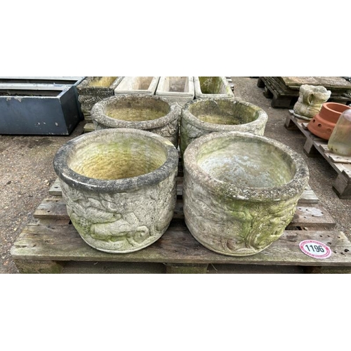 1196 - FOUR MATCHING RECONSTITUTED STONE ROUND PLANTERS, 30CM (H) X 39CM (DIA) / ALL LOTS ARE LOCATED IN SL... 