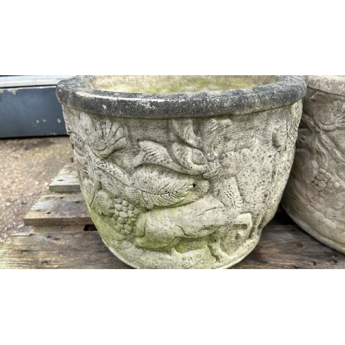 1196 - FOUR MATCHING RECONSTITUTED STONE ROUND PLANTERS, 30CM (H) X 39CM (DIA) / ALL LOTS ARE LOCATED IN SL... 