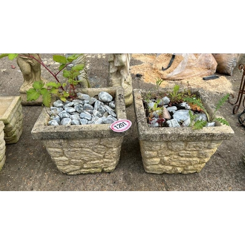 1201 - A PAIR OF RECONSTITUTED STONE RECTANGULAR PLANTERS, 38CM (H) X 44CM SQUARE / ALL LOTS ARE LOCATED IN... 