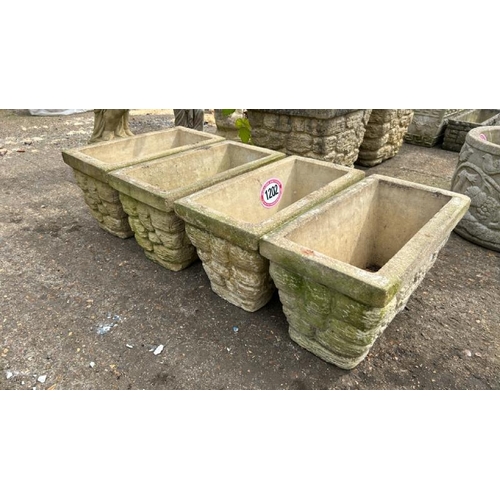 1202 - FOUR MATCHING RECONSTITUTED STONE PLANTERS, 26CM (H) X 48CM (L) X 25CM (D) / ALL LOTS ARE LOCATED IN... 