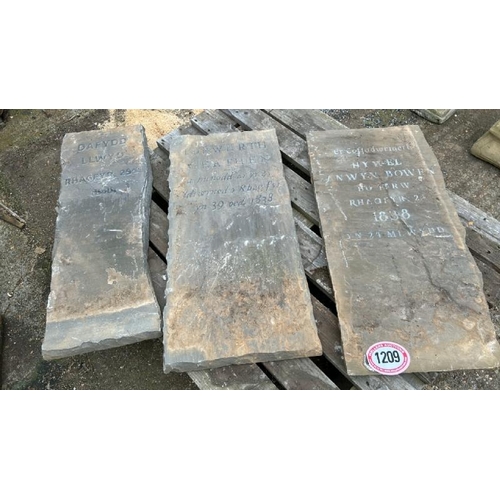 1209 - THREE PROP HEAD STONES WITH WELSH ENSCRIPTIONS, RECLAIMED FROM WINTER WONDERLAND IN WINDSOR, EACH AP... 