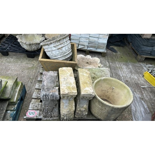 1212 - A PALLET OF ASSORTED STONEWARE INCL. BENCH BASES AND PLANTERS / ALL LOTS ARE LOCATED IN SL0 9LG, REG... 