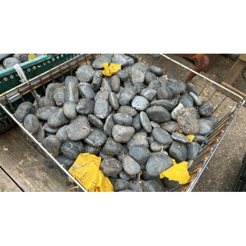 1215 - A PALLET INCL. A QUANTITY OF DECORATIVE GARDEN STONES, CHARCOAL AND A THREE TIER METAL STAND, 103CM ... 