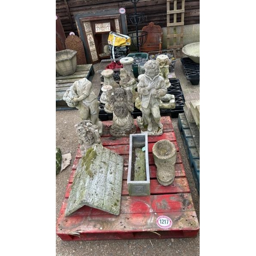 1217 - SEVEN PIECES OF STONEWARE INCL. ORNAMENTS, STATUES AND PLANTERS, MOSTLY DAMAGED / ALL LOTS ARE LOCAT... 