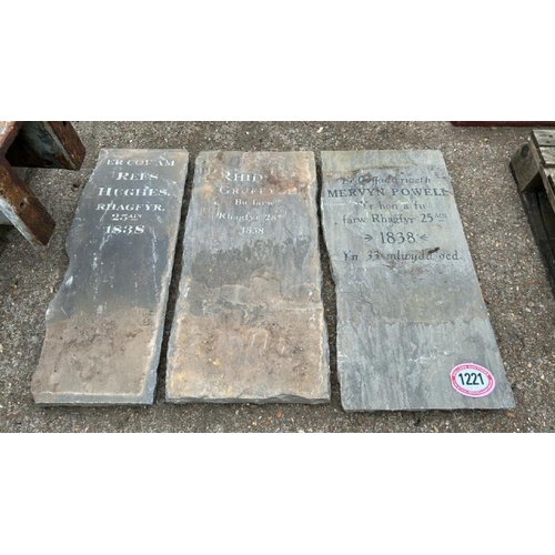 1221 - THREE PROP HEAD STONES WITH WELSH ENSCRIPTIONS, RECLAIMED FROM WINTER WONDERLAND IN WINDSOR, EACH AP... 