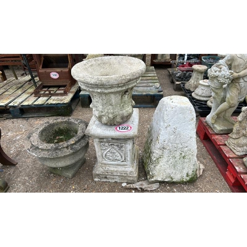 1222 - A PLANTER, STADDLE STONE BASE, URN TOP AND PLINTH / ALL LOTS ARE LOCATED IN SL0 9LG, REGRETFULLY WE ... 