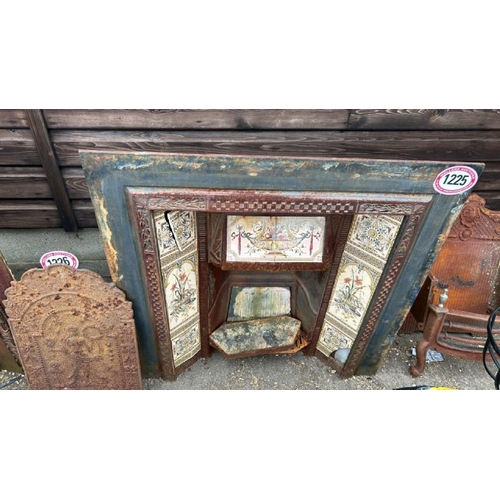 1225 - A CAST IRON FIRE SURROUND AND INSERT, WITH DECORATIVE TILE INLAY, SOME DAMAGED, 98CM (H) X 96CM (W) ... 