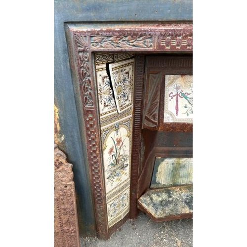 1225 - A CAST IRON FIRE SURROUND AND INSERT, WITH DECORATIVE TILE INLAY, SOME DAMAGED, 98CM (H) X 96CM (W) ... 