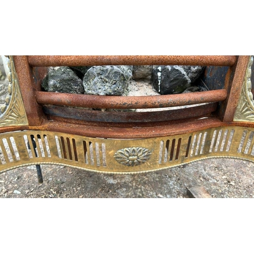 1230 - A CAST IRON FIRE GRATE AND BACK, WITH BRASS FEATURES, 60CM (H) X 60CM (W) X 28CM (D) / ALL LOTS ARE ... 