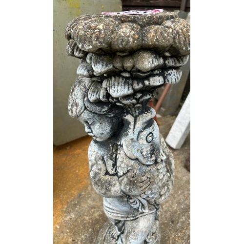 1247 - A RECONSTITUTED STONE BIRDBATH BASE DEPICTING CHERUB HOLDING A COY FISH, 85CM (H) / ALL LOTS ARE LOC... 