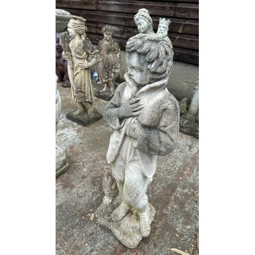 1250 - A RECONSTITUTED STONE STATUE OF A BOY IN A COAT, 74CM (H) / ALL LOTS ARE LOCATED IN SL0 9LG, REGRETF... 