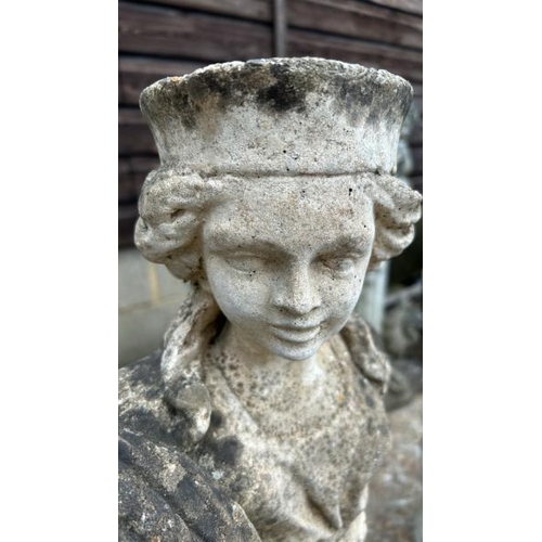 1252 - A RECONSTITUTED STONE STATUE OF A LADY HOLDING VEGETABLES, 76CM (H) / ALL LOTS ARE LOCATED IN SL0 9L... 