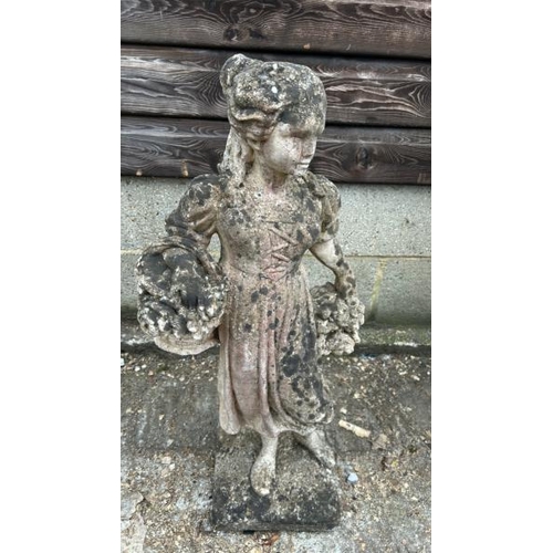 1255 - A RECONSTITUTED STONE STATUE OF A LADY CARRYING FRUIT, 74CM (H) / ALL LOTS ARE LOCATED IN SL0 9LG, R... 