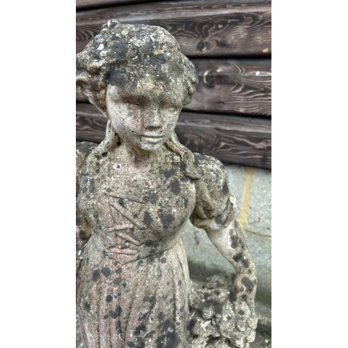 1255 - A RECONSTITUTED STONE STATUE OF A LADY CARRYING FRUIT, 74CM (H) / ALL LOTS ARE LOCATED IN SL0 9LG, R... 