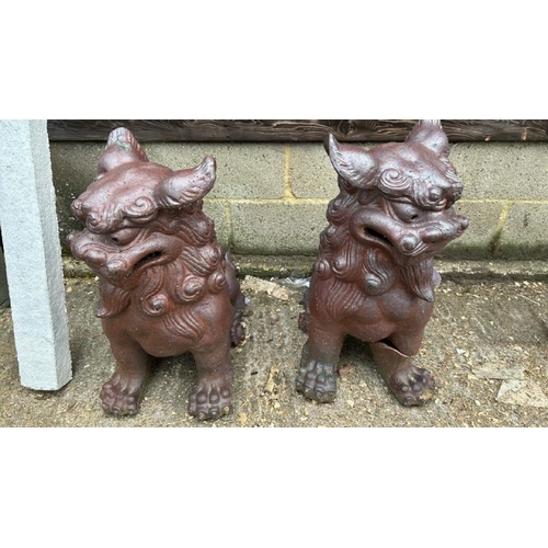 1256 - A PAIR OF SALT GLAZED TERRACOTTA ORIENTAL LIONS, BOTH WITH DAMAGE TO LEGS, 63CM (H) X 28CM (W) 55CM ... 