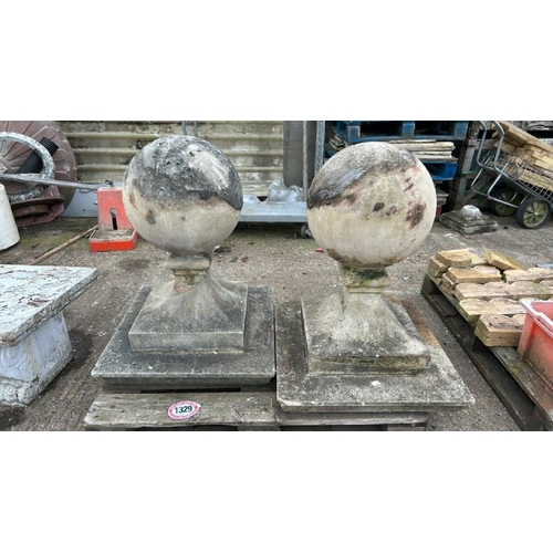 1329 - A PAIR OF LARGE RECONSTITUTED STONE PIER CAPS WITH BALL TOP, BOTH 90CM (H) X 67CM SQUARE AT BASE / A... 