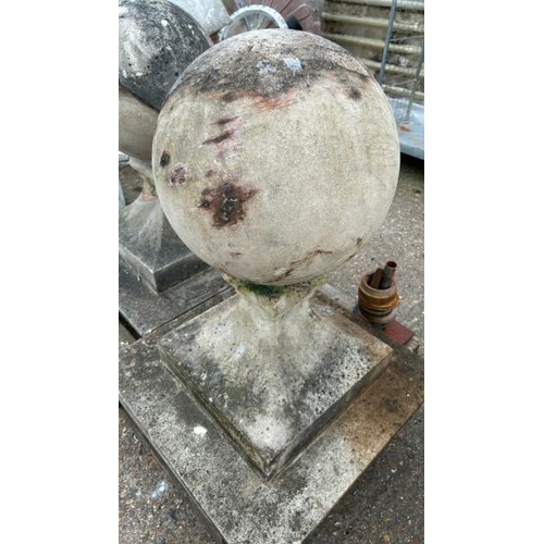 1329 - A PAIR OF LARGE RECONSTITUTED STONE PIER CAPS WITH BALL TOP, BOTH 90CM (H) X 67CM SQUARE AT BASE / A... 