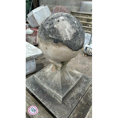 1329 - A PAIR OF LARGE RECONSTITUTED STONE PIER CAPS WITH BALL TOP, BOTH 90CM (H) X 67CM SQUARE AT BASE / A... 