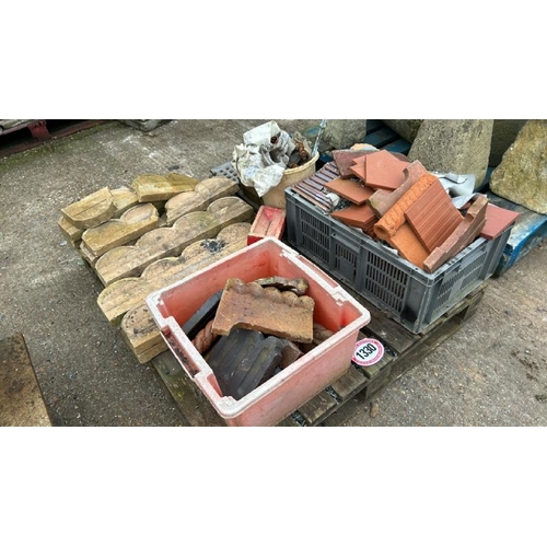 1330 - A PALLET OF ASSORTED MATERIALS INCL. ROPE EDGING, TERRACOTTA TILES AND SCAFFOLDING CLIPS / ALL LOTS ... 