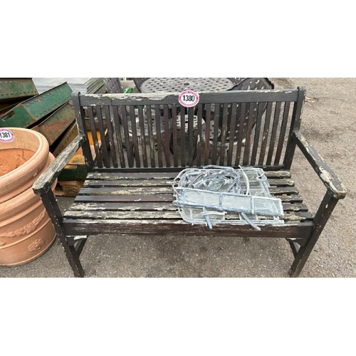 1380 - A WOODEN GARDEN BENCH, 83CM (H) X 120CM (W) X 53CM (D) / ALL LOTS ARE LOCATED IN SL0 9LG, REGRETFULL... 
