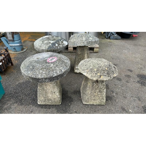 1410 - FOUR RECONSTITUTED STADDLE STONES, LARGEST 60CM (H) / ALL LOTS ARE LOCATED IN SL0 9LG, REGRETFULLY W... 