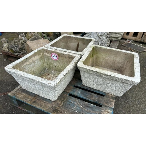 1411 - FOUR RECONSTITUTED STONE SQUARE PLANTERS, 30CM (H) X 55CM SQUARED / ALL LOTS ARE LOCATED IN SL0 9LG,... 