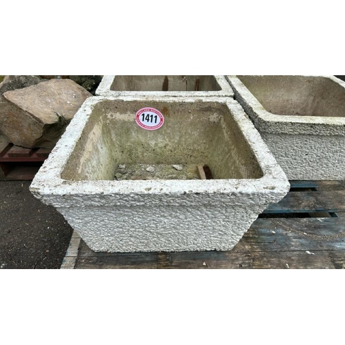 1411 - FOUR RECONSTITUTED STONE SQUARE PLANTERS, 30CM (H) X 55CM SQUARED / ALL LOTS ARE LOCATED IN SL0 9LG,... 