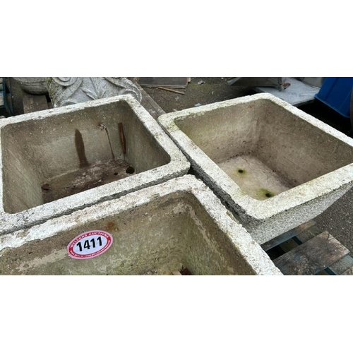 1411 - FOUR RECONSTITUTED STONE SQUARE PLANTERS, 30CM (H) X 55CM SQUARED / ALL LOTS ARE LOCATED IN SL0 9LG,... 