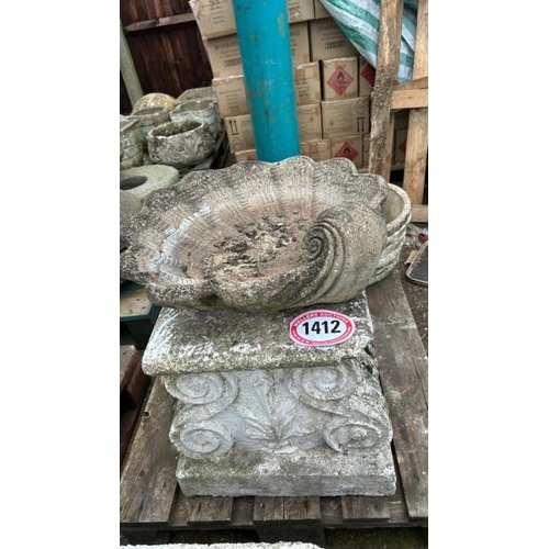 1412 - A STONE PLINTH AND A SHELL BIRD BATH TOP / ALL LOTS ARE LOCATED IN SL0 9LG, REGRETFULLY WE DO NOT OF... 