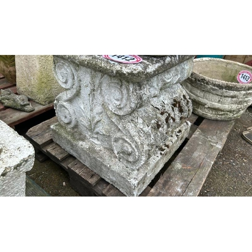 1412 - A STONE PLINTH AND A SHELL BIRD BATH TOP / ALL LOTS ARE LOCATED IN SL0 9LG, REGRETFULLY WE DO NOT OF... 