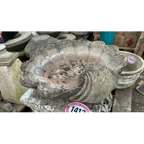 1412 - A STONE PLINTH AND A SHELL BIRD BATH TOP / ALL LOTS ARE LOCATED IN SL0 9LG, REGRETFULLY WE DO NOT OF... 