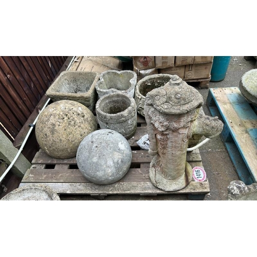1416 - A PALLET OF STONEWARE INCL. PLANTERS, BALL TOPS AND A RECONSTITUTED STONE STATUE OF A WATER PUMP / A... 