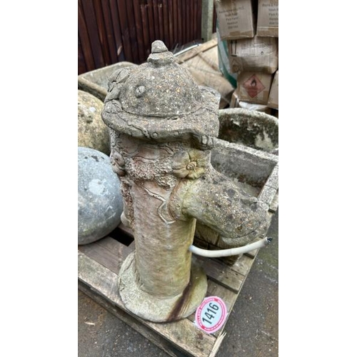 1416 - A PALLET OF STONEWARE INCL. PLANTERS, BALL TOPS AND A RECONSTITUTED STONE STATUE OF A WATER PUMP / A... 