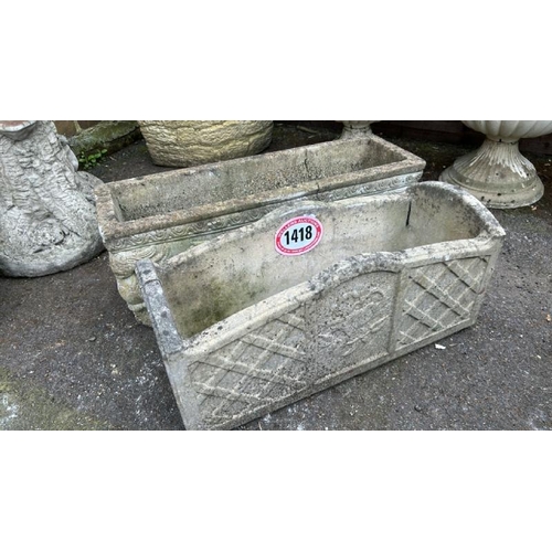 1418 - TWO RECONSTITUTED STONE TROUGHS, LARGEST 76CM (L) X 22CM (H) X 24CM (D) / ALL LOTS ARE LOCATED IN SL... 