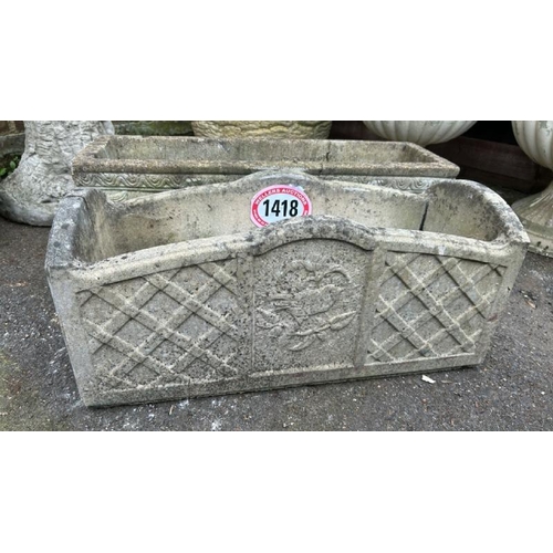 1418 - TWO RECONSTITUTED STONE TROUGHS, LARGEST 76CM (L) X 22CM (H) X 24CM (D) / ALL LOTS ARE LOCATED IN SL... 