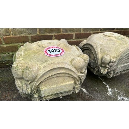 1423 - A PAIR OF MATCHING RECONSTITUTED STONE PIER CAPS, 36CM (H) X 38CM (W) / ALL LOTS ARE LOCATED IN SL0 ... 