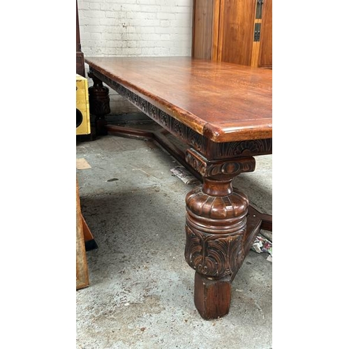 1503 - HARRODS CARVED REFECTORY ROYAL OAK DINING TABLE WITH BULBOUS CUP & COVER LEGS LEADING DOWN TO BLOCK ... 